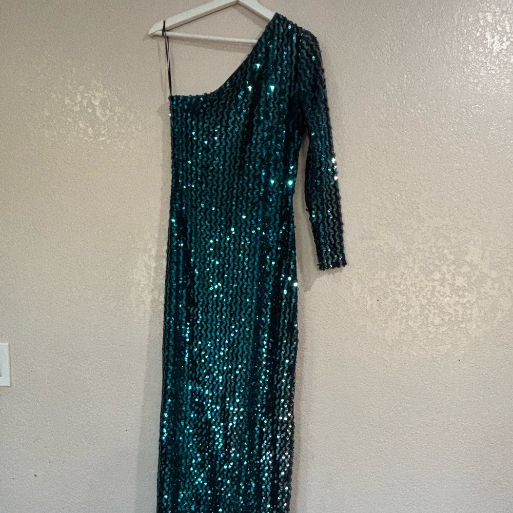 One-Shoulder Teal Sequin Evening Gown